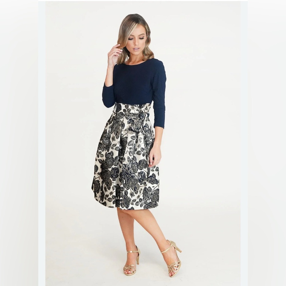 Jessica Howard Missy Navy Metallic Floral Long Sleeve Fit and Flare‎ Dress 16